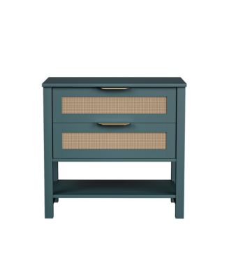 Rattan Nightstand with 2 Drawers, Open Shelf & Handles for Bedroom or Living Room