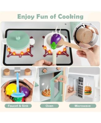 Play Kitchen Wooden Toy Playset with Chalkboard, Birthday Gift for Kids