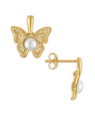 Cultured Freshwater Pearl (4mm) Butterfly Earrings in 14k Gold Over Sterling Silver