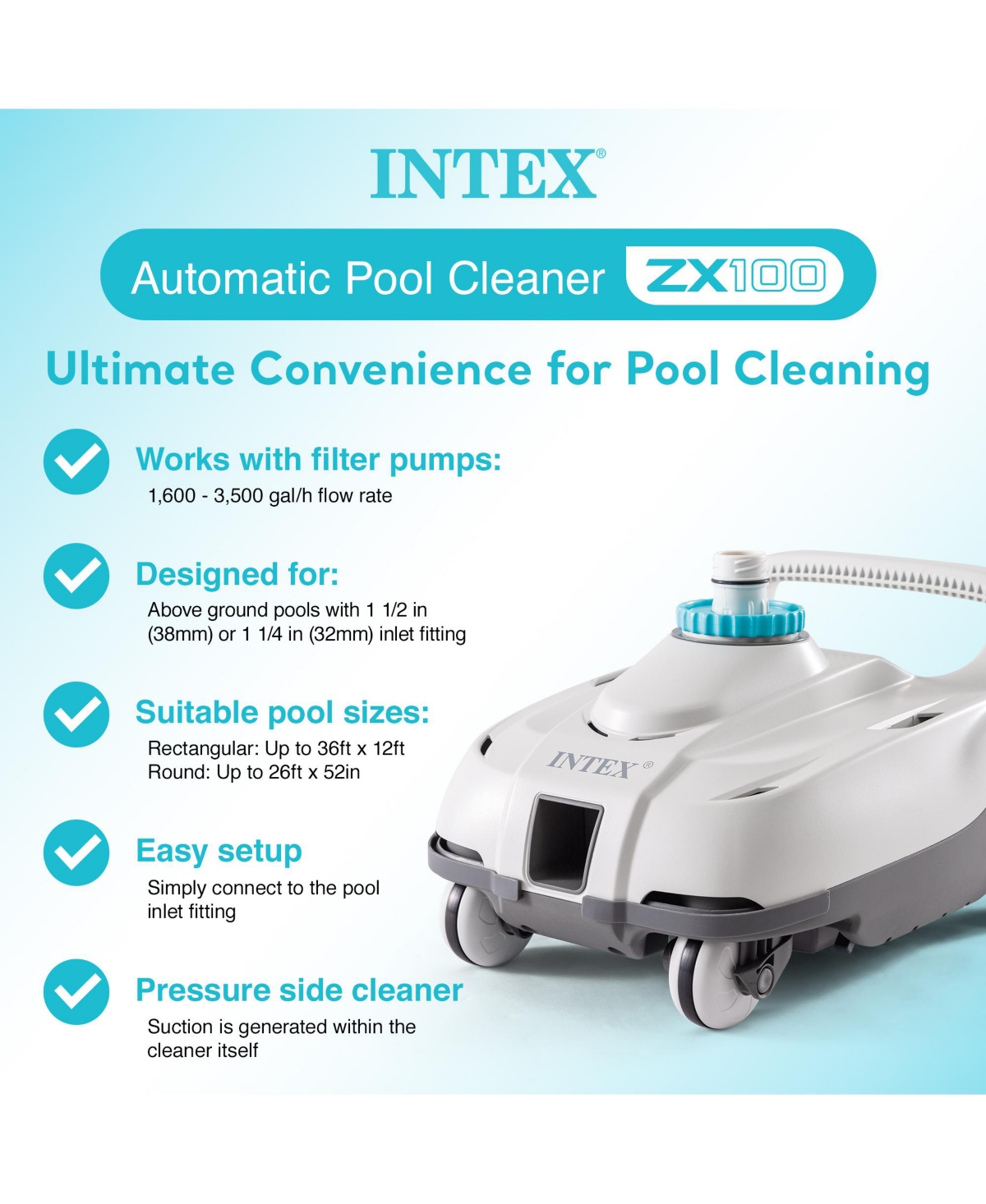 Intex ZX100 Automatic Pressure Side Swimming Pool Cleaner w/Hose & Converter