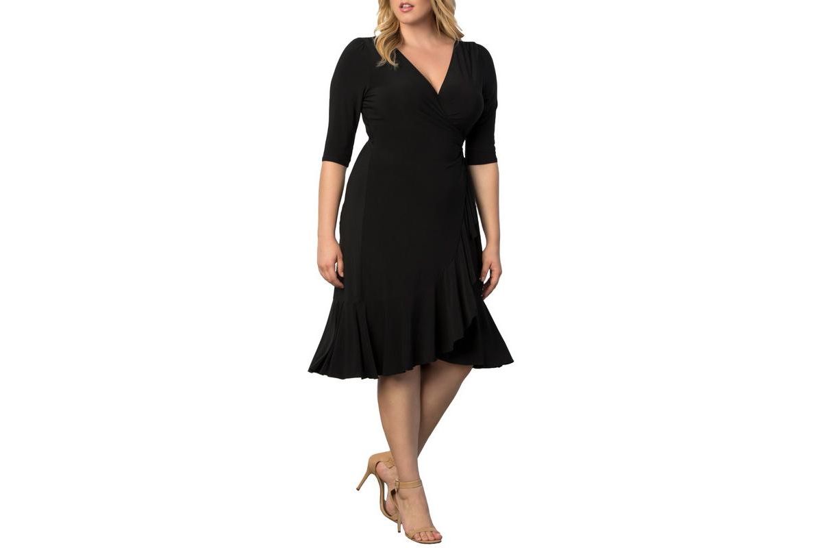 Kiyonna Plus Size Whimsy Ruffled Midi Wrap Dress - Black noir