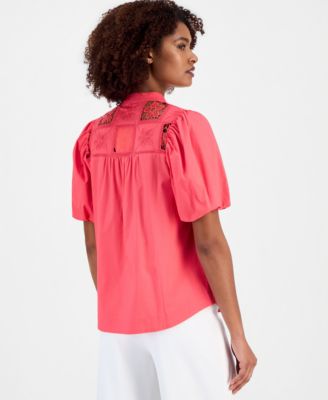 Women's Split-Neck Lace-Yoke Puff-Sleeve Top