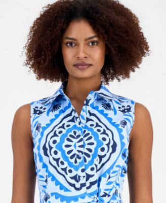 Women's Printed Sleeveless Belted Shirtdress