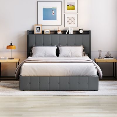 Upholstered Bed with Button Tufted Wingback Storage Headboard, Hydraulic Storage