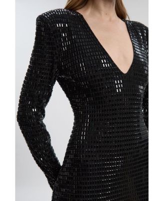 Women's Long Sleeve Plunge Neck Midi Dress