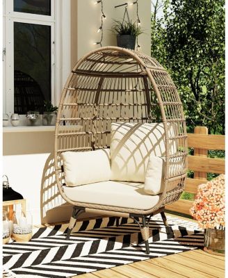 Oversized Rattan Egg Chair, Indoor/Outdoor Wicker Egg Basket Lounge with Steel Frame & 4 Cushions