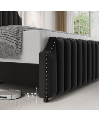 Velvet Upholstered Bed Frame with Headboard&Footboard, Platform Bed Frame with Nailhead Trim
