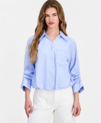 Petite Smocked Collar Bubble-Hem Striped Collared Shirt