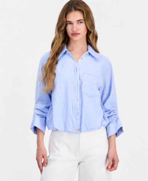 Женская рубашка Democracy Petite Smocked Collar Bubble-Hem Striped Collared, цвет: Синий
