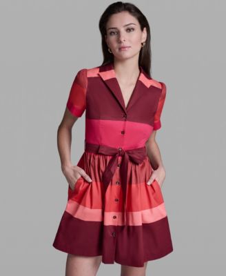 Women's Short-Sleeve Wide Lapel Cotton Stripe Mini Shirt Dress