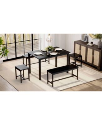 5-Piece Extendable Dining Table Set for 4-8 People, 63 Inch Kitchen Table with 2 Benches & 2 Stools