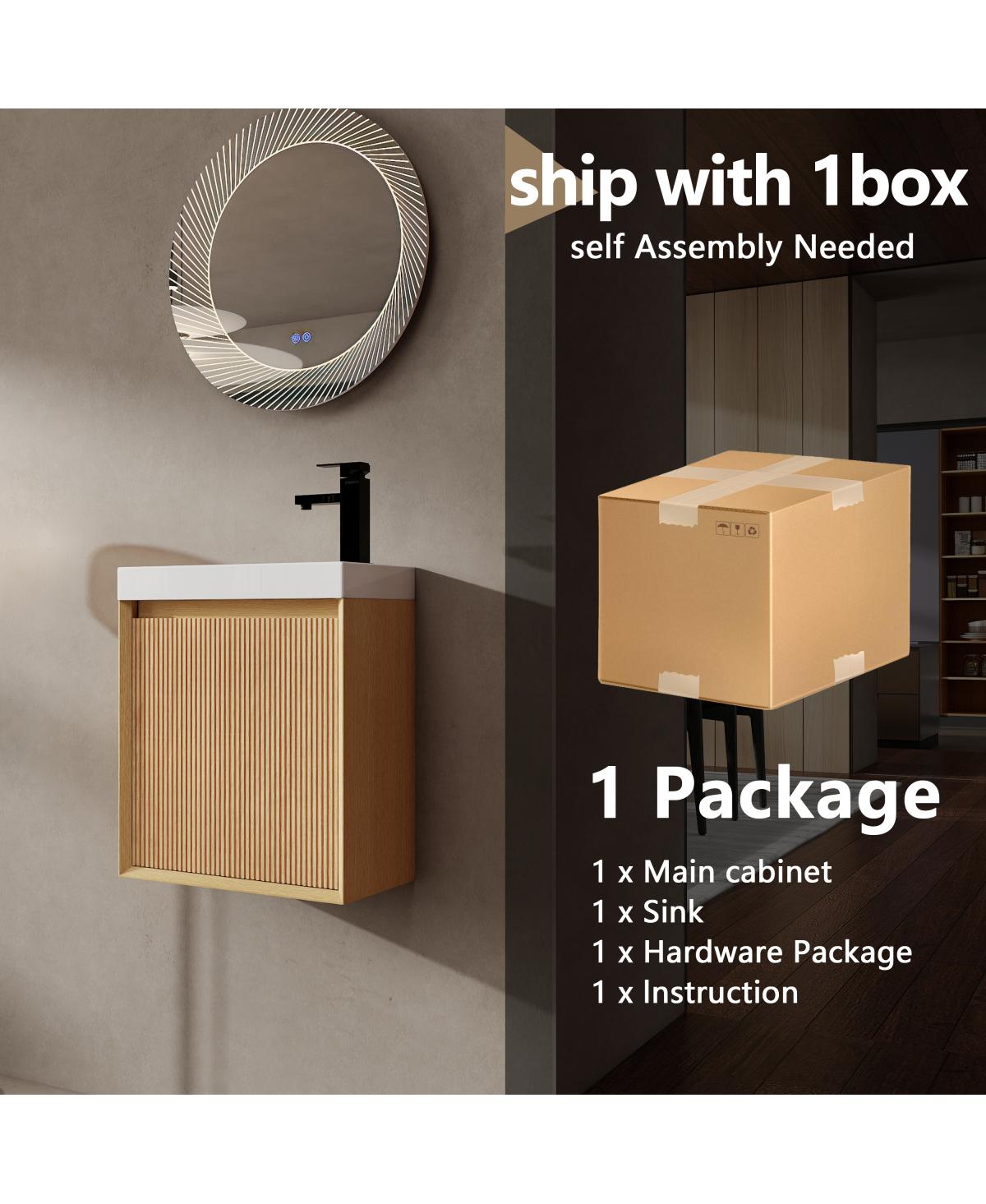 Sillysis Wall Mounted Bathroom Vanity with Resin Sink, Modern 3D Stripe Door & Soft Close, 18.5" Natural Small Space Storage Cabinet