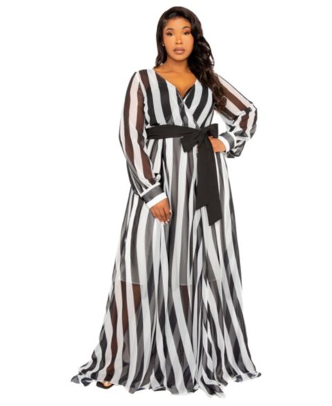 Женское платье Buxom Couture Plus Size Stripe Surplice Maxi, цвет: Чёрный белый