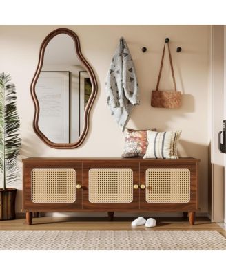 Shoe Storage Bench - Rattan Shoe Cabinet with Lift Top and 3 Doors Design for Entryway, Living Room