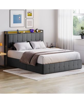 Lift Up Bed Frame with Charging Station & LED Lights,Upholstered Bed with Storage Headboard