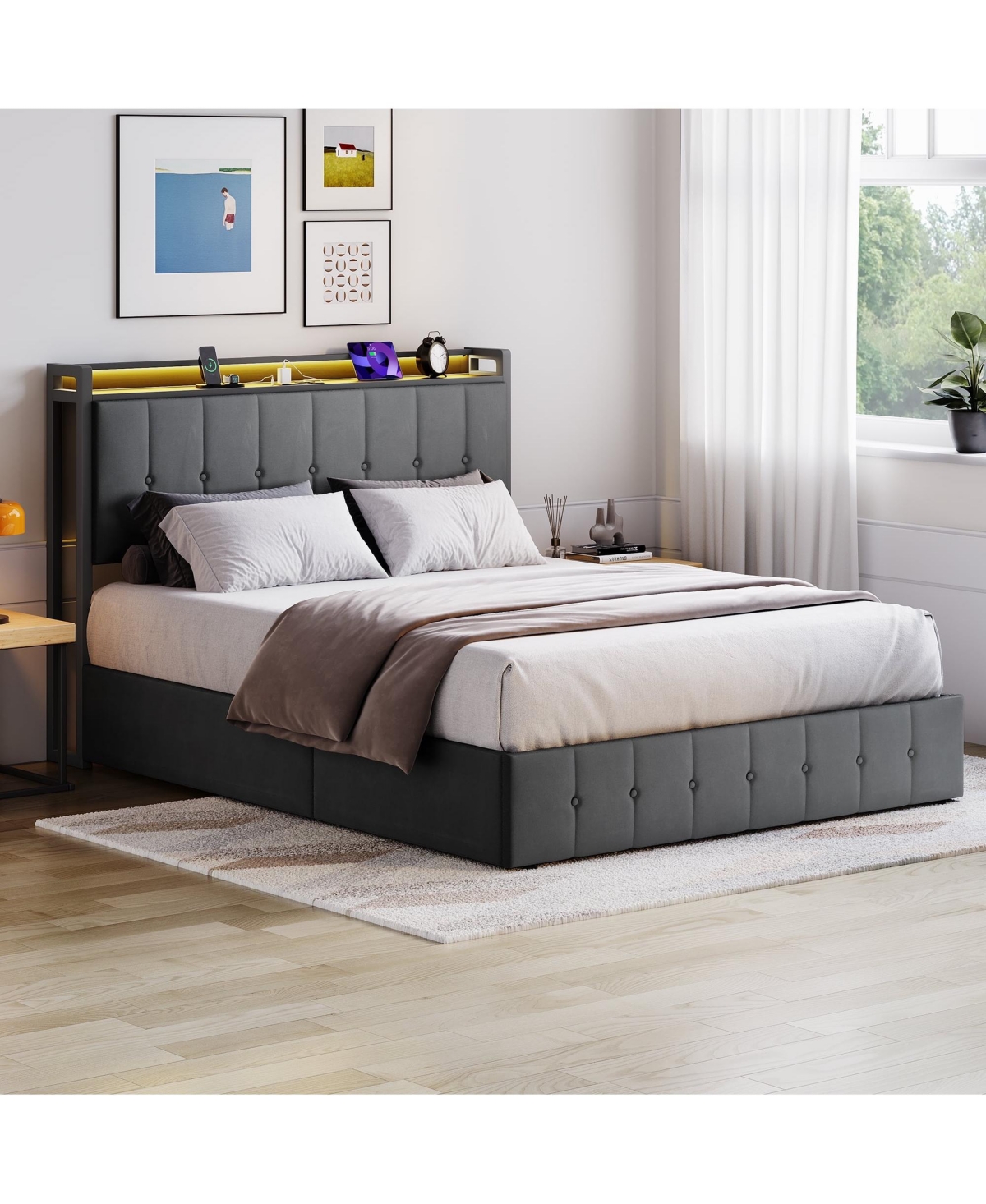 gaomon Lift Up Bed Frame with Charging Station & Led Lights,Upholstered Bed with Storage Headboard