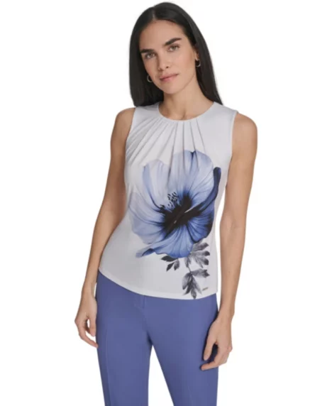 Petite Crew Neck Sleeveless Pleated Top - Spring Mist Multi