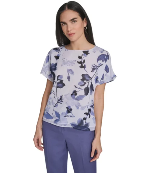 Petite Crew Neck Short-Sleeve Top - Future Dusk Multi