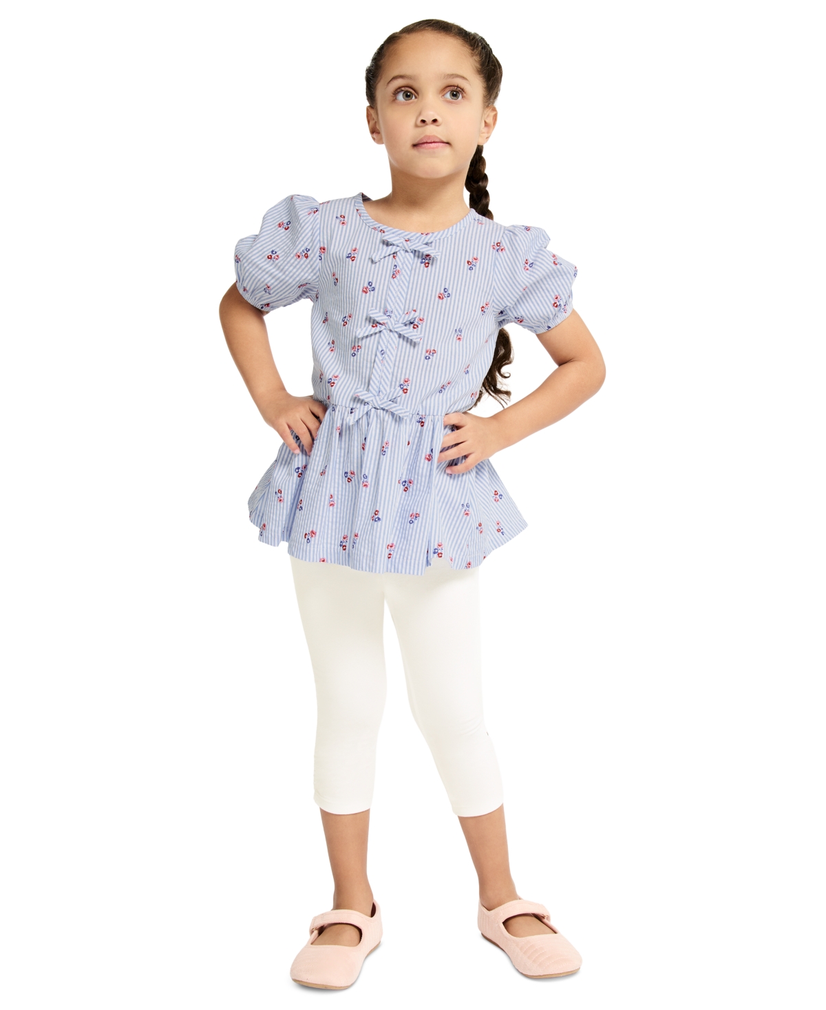 Tommy Hilfiger Girls' 4-6X Round Neck Short-Sleeve Top and Cropped Leggings, 2-Piece Set - Blue/White