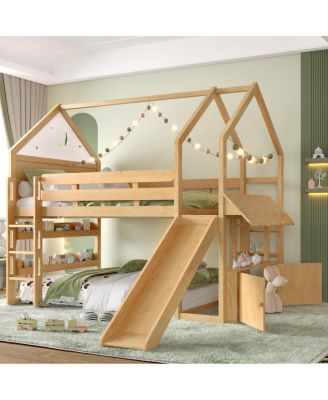 Loft Bed with Bookshelf and Slide for Kids