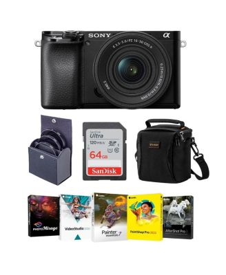 Alpha A6100 Mirrorless Digital Camera, with 16-50mm Lens  Bundle with Filter Kit, Bag, 64GB SD Card, Corel PC Software Pack