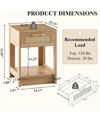 Wooden Rattan Nightstand with Drawer and Open Storage Shelf – End Table