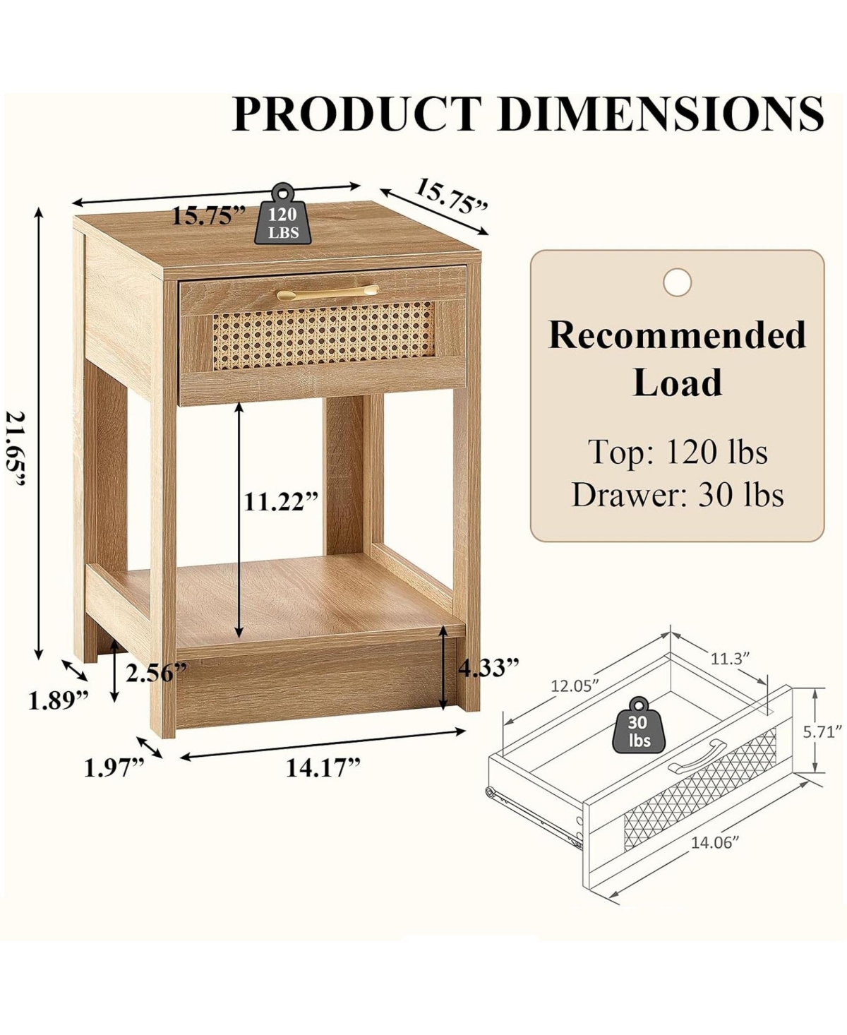 Rainsken Wooden Rattan Nightstand with Drawer and Open Storage Shelf – End Table