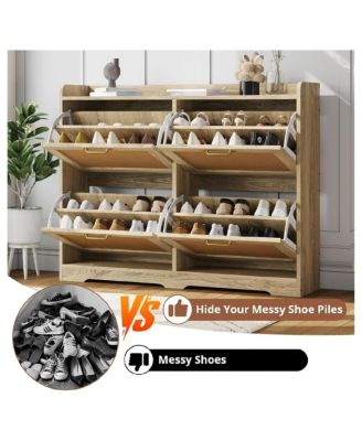 Rattan Shoe Storage Cabinet with 4 Flip Drawers, Hidden Shoe Storage Organizer Cabinet, Wide Freestanding Wood Breathable Shoe Rack Cabinet
