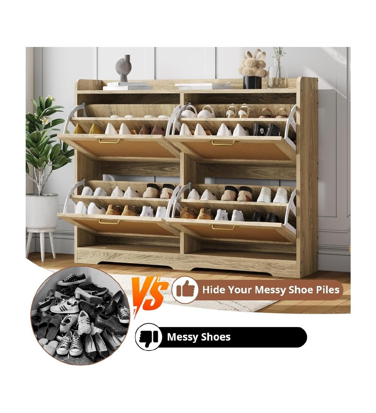 gaomon Rattan Shoe Storage Cabinet with 4 Flip Drawers, Hidden Shoe Storage Organizer Cabinet, Wide Freestanding Wood Breathable Shoe Rack Cabinet