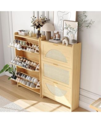 Shoe Cabinet with 3 Flip Drawer, Shoe Storage Cabinet with Narrow Rattan Weave Shoe Cabinet for Entryway, Farmhouse Style Shoe Organizer