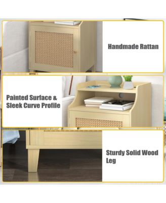 Wood Nightstand with Charging Station, Bedside Table with Rattan Door and Adjustable Shelf, Farmhouse Side Table for Bedroom