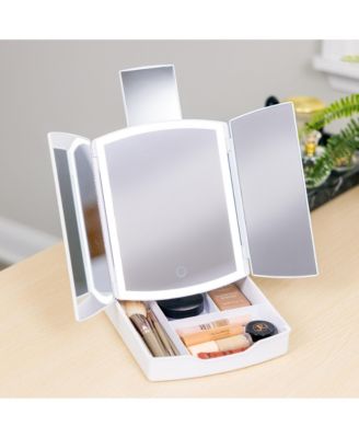 Tri-Fold Travel Makeup Mirror with Lights and Organizer, 5" x 8"