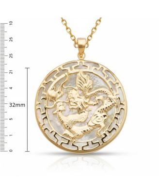 14k Yellow Gold 18 Inch Green, Lavender, Onyx Dyed Jade Dragon Greek Key Circle Necklace - 26mm x 32mm