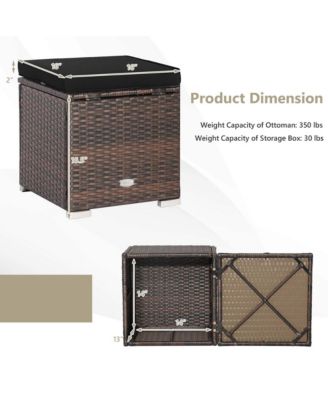 2PCS Rattan Ottomans Seat Side Table Storage Box Footstool w/ Black Cushion Patio