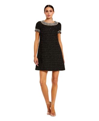 Women's Short Sleeve Boucle Mini Dress With Beading Detail