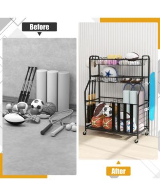 Garage Sports Equipment Organizer w/ Wheels Hooks & Baskets for Basketball