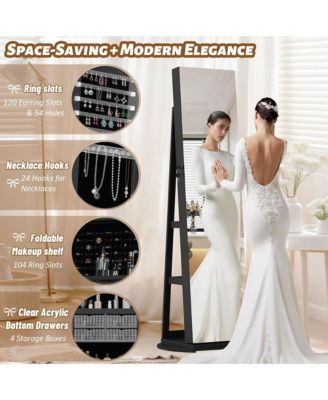 360° Swivel Lockable Rattan Jewelry Cabinet with Full Length Mirror and Display Shelves