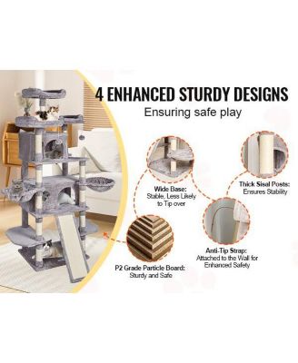 Light Grey Indoor Cat Tower, 68.5" with Condos, Scratching Posts, Hammocks & Ramp, Pet Furniture
