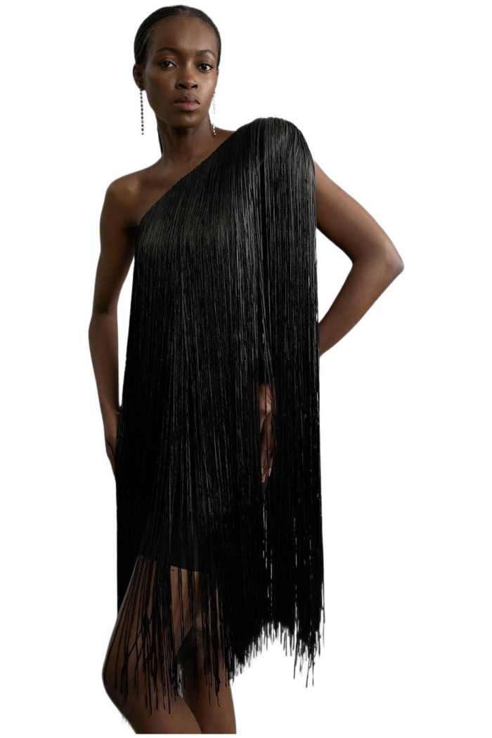 Karen Millen Womens Asymmetric Draped Fringe Mini Dress