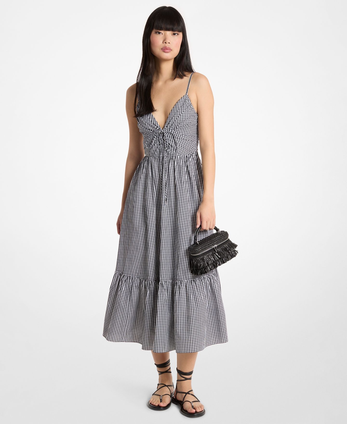 Женское платье Michael Kors V-Neck Empire Seam Midi, цвет: Чёрный / Белый — фото 1