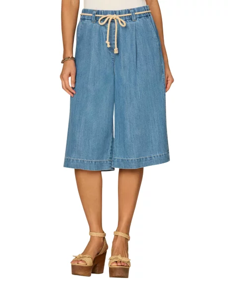 Petite Skyrise Relaxed Fit Rope Tie-Belt Denim Shorts - Light Blue