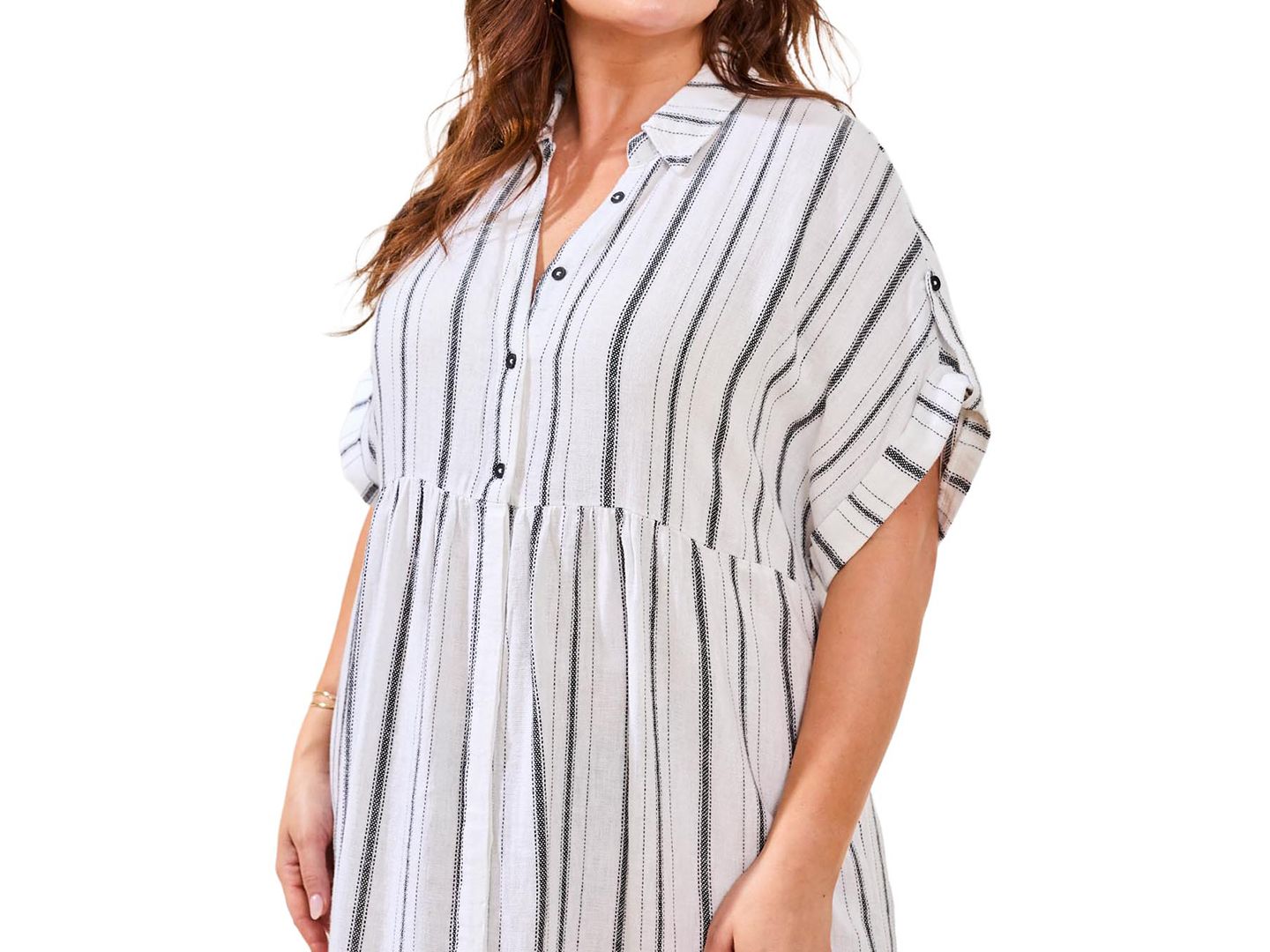 Женское платье TRIBAL Plus Size Yarn Dye Stripe Flowy Shirt-Dress, цвет: Whiteblack — фото 3