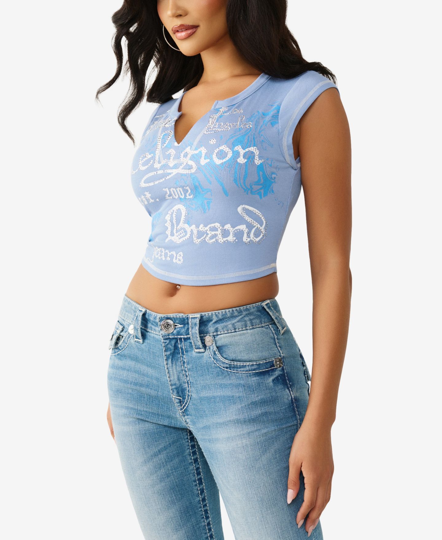 Женская футболка True Religion V-Notch Rib, цвет: Небесно-голубой — фото 2