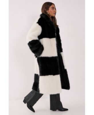 Women's Mono Check Faux Fur Coat