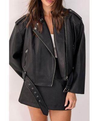 Women's Belted Faux Leather Biker Jacket