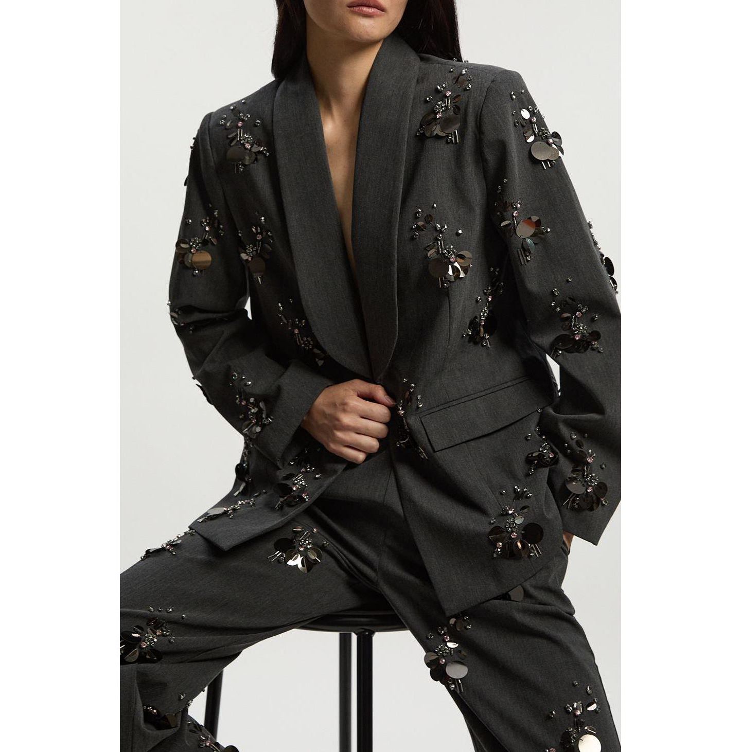 Женский пиджак Karen Millen Embellished Single-Breasted Blazer, цвет: Серый — фото 6