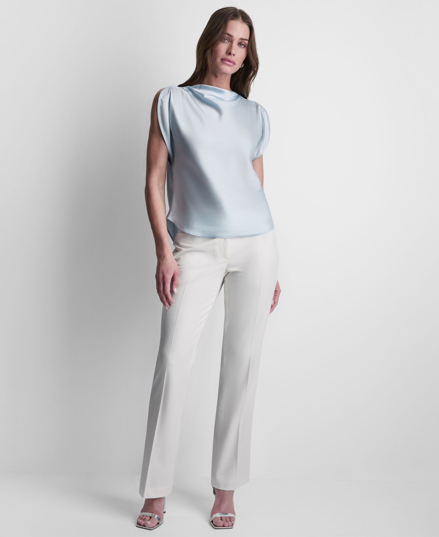 Женская блузка DKNY Petite Flutter Cowl Neck Blouse, цвет: Светлый синий — фото 2