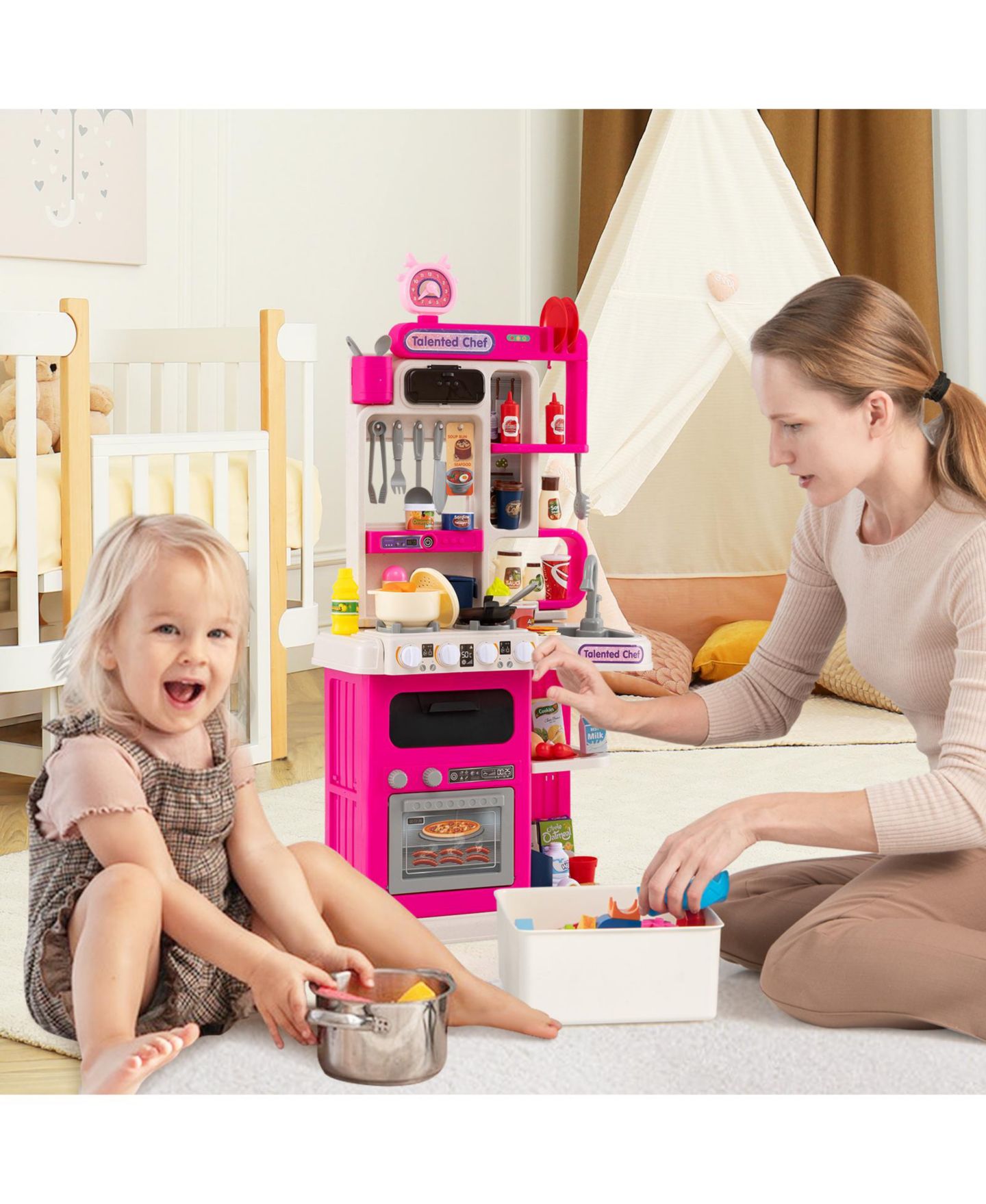 Детская игрушка Mecale Kids Kitchen Playset Pretend Kitchen with Realistic Lights & Sounds for Interactive Play, цвет: Розовый — фото 10