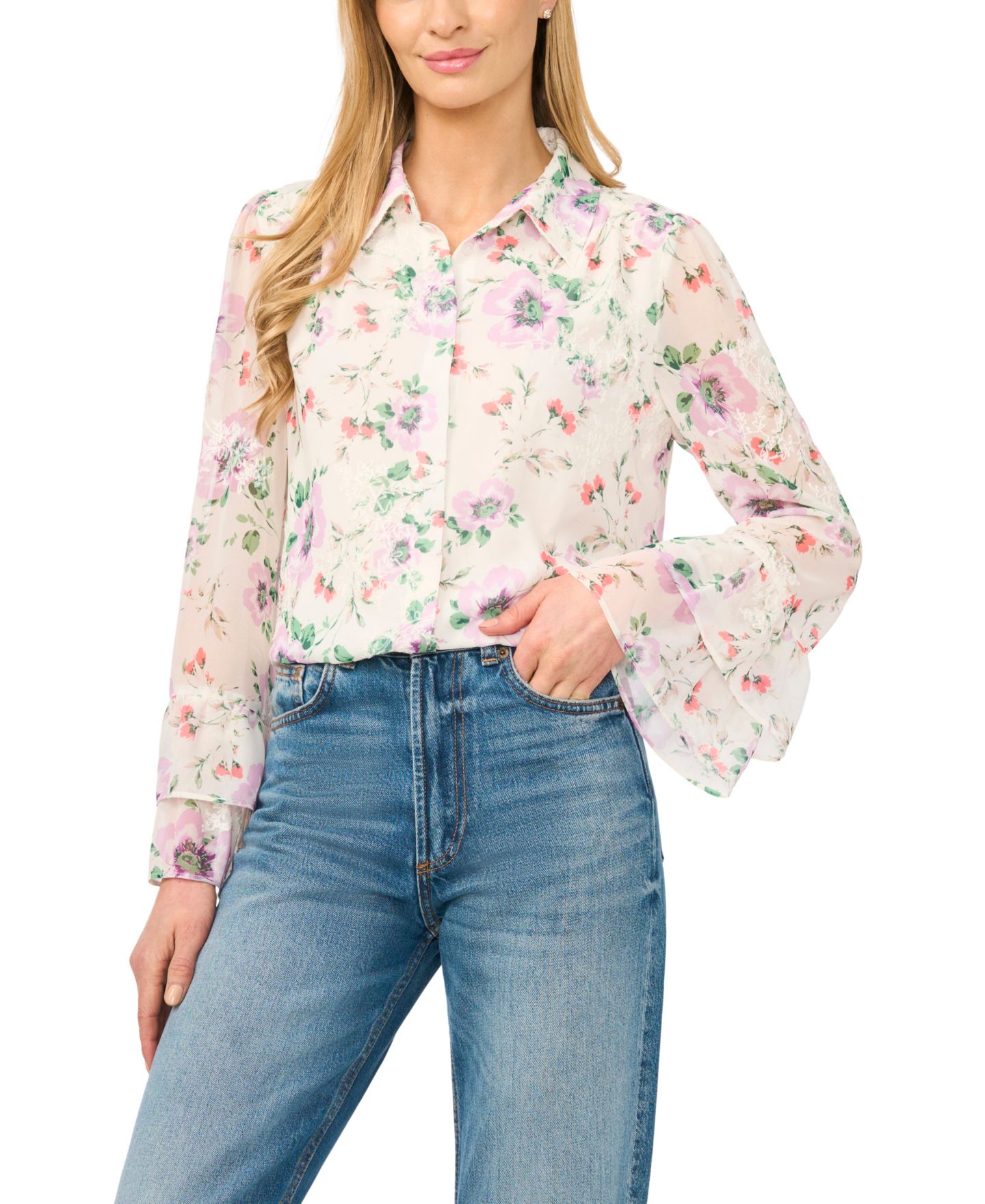 Женская рубашка CeCe Printed Collared Long-Sleeve, цвет: Слоновая кость — фото 1
