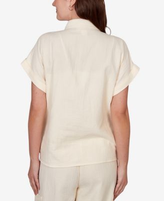 Petite Eyelet Front Gauze Tie-Front Shirt